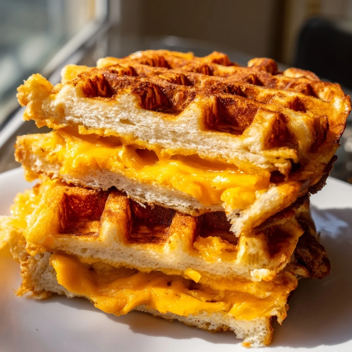 Waffle Grilled Cheese with melted cheddar, golden and crispy, perfect with tomato soup.
