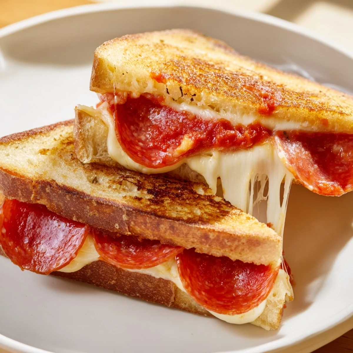 Ein herzhaftes Pizza Grilled Cheese Sandwich mit geschmolzenem Käse, Peperoni und knusprigem Brot.