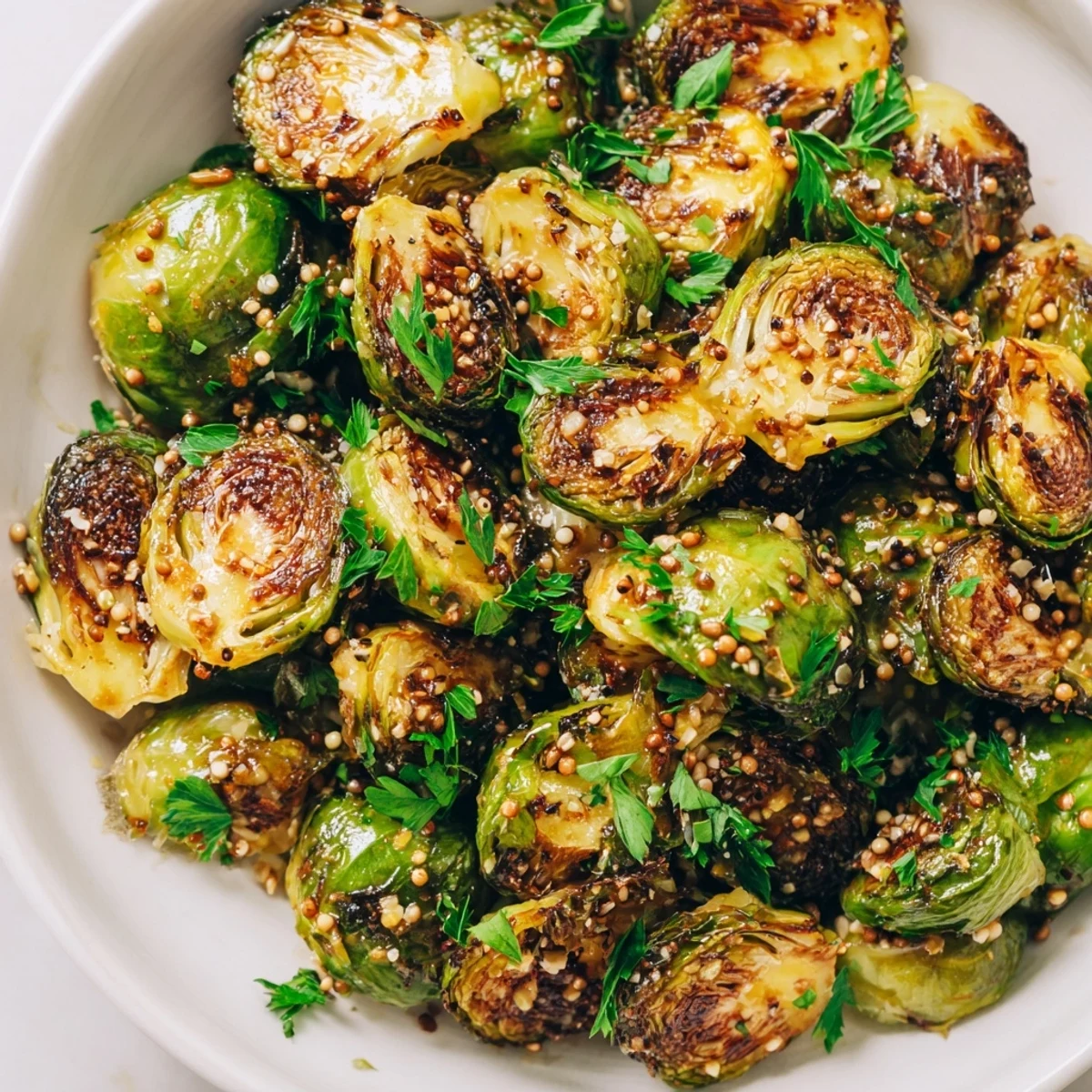 Honey mustard glazed Brussels sprouts, glistening with glaze, ready for a delicious side dish.