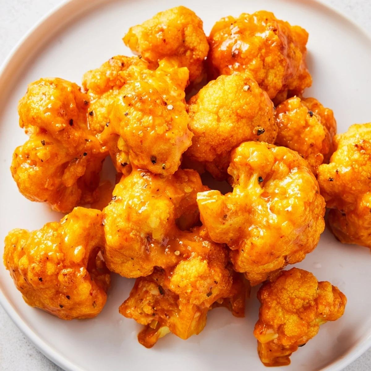 Crispy Buffalo Cauliflower Bites, coated in spicy buffalo sauce, ready to be served with cooling ranch.