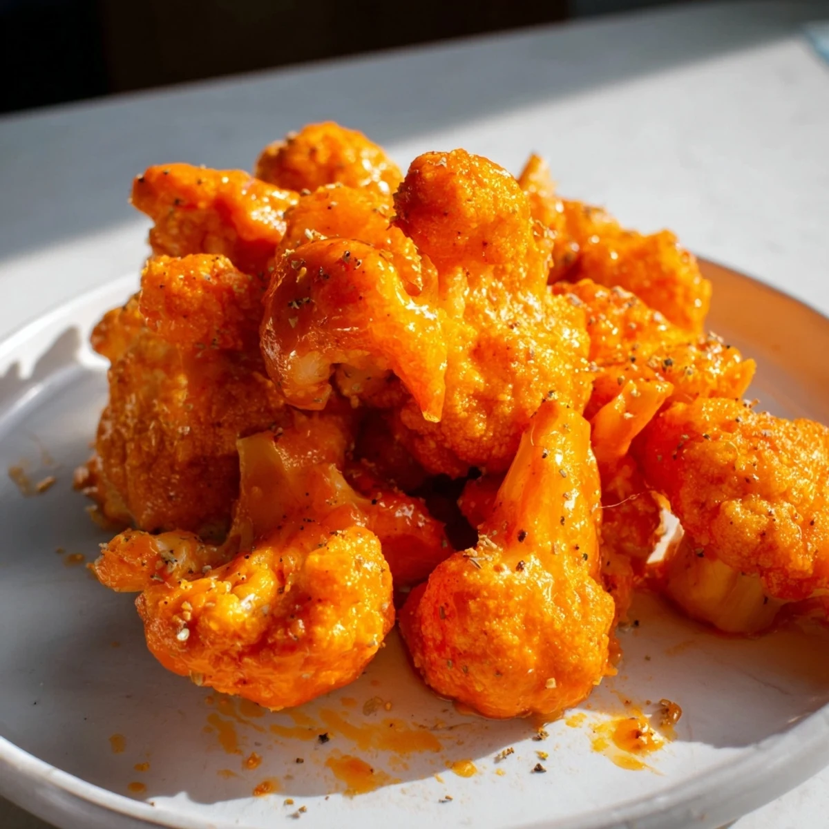 A close-up shot of golden-brown Buffalo Cauliflower Bites, a vegetarian appetizer, with celery sticks.