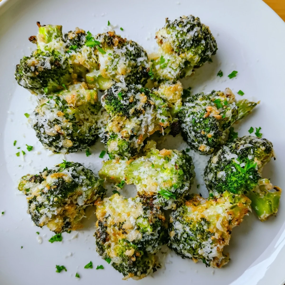 Crispy golden Garlic Parmesan Roasted Broccoli, ready to serve with extra Parmesan cheese sprinkled on top.