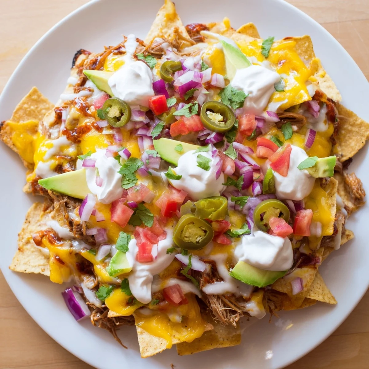 Enjoy a plate of loaded nachos; crispy chips, barbecue pulled pork, and creamy queso.
