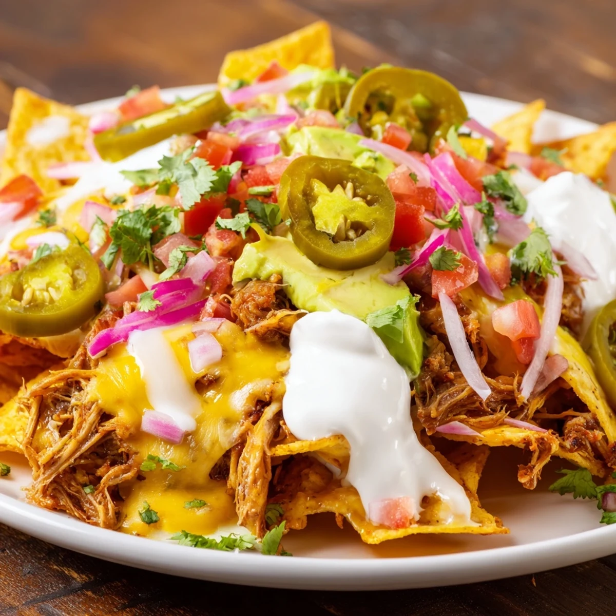 Tex-Mex favorite: Loaded nachos with pulled pork, a shareable appetizer for parties.