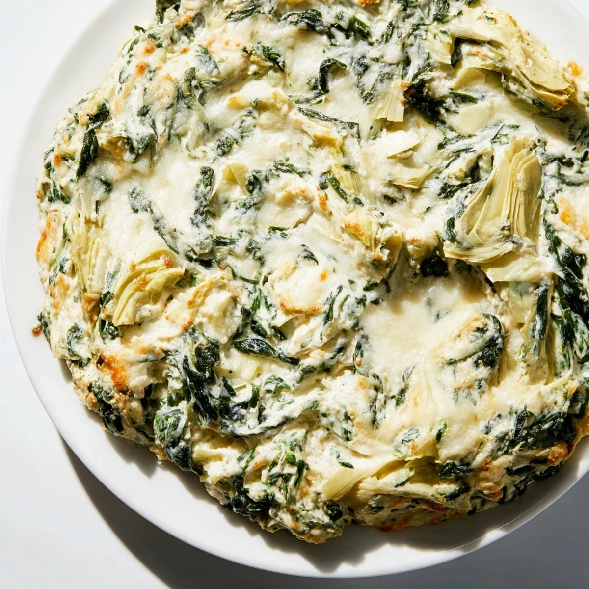 Warm spinach artichoke dip with melted cheese, ready to be scooped with crispy chips.