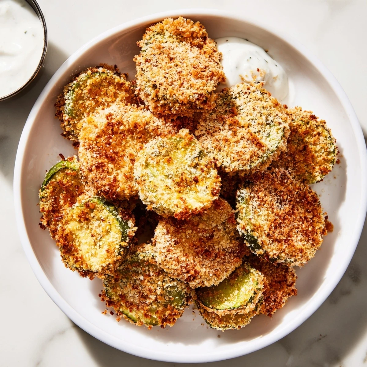 Knusprige Fried Pickles, goldbraun und perfekt frittiert, serviert mit cremiger Ranch-Soße.