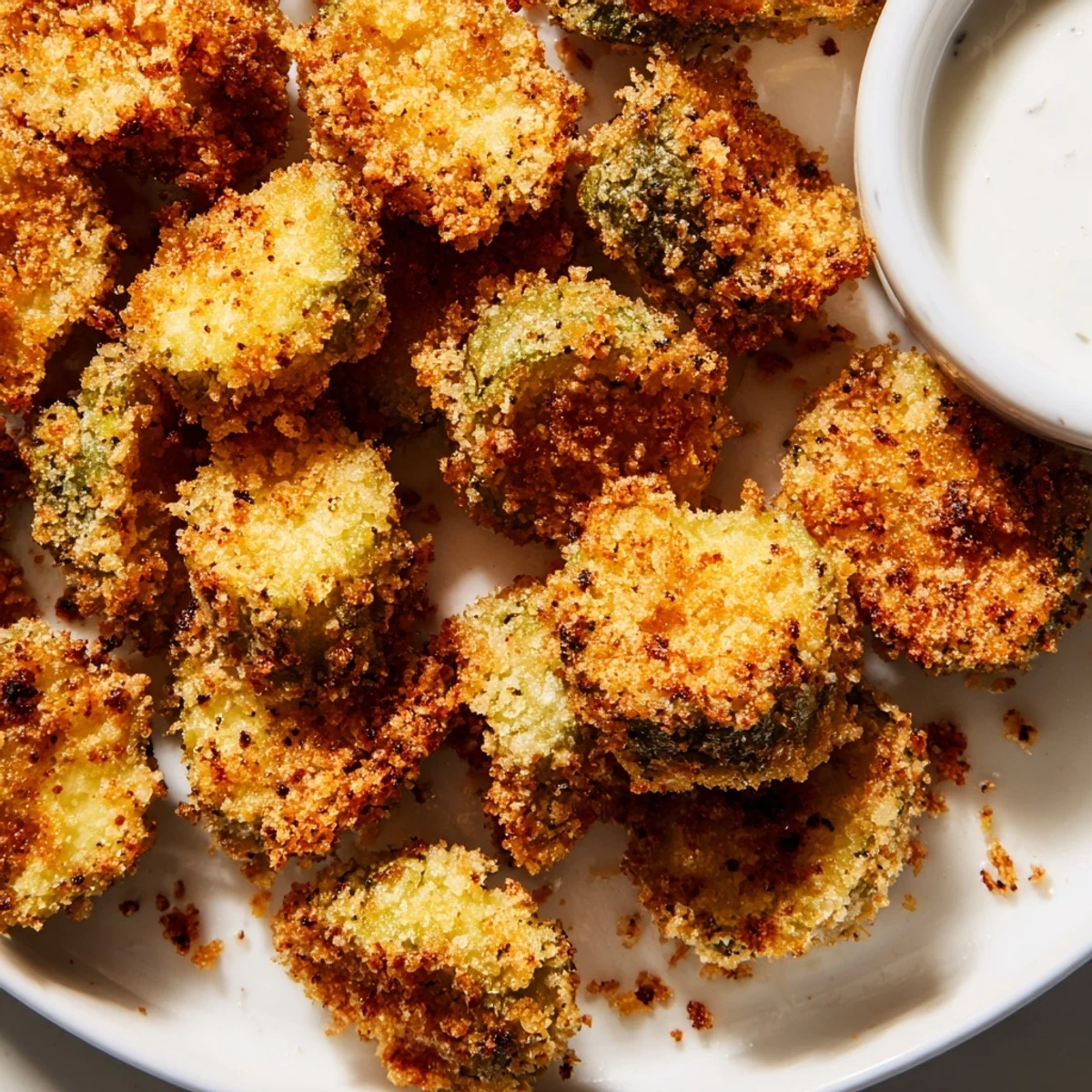 Selbstgemachte Crispy Fried Pickles, knusprig und würzig, angerichtet als köstlicher vegetarischer Snack.