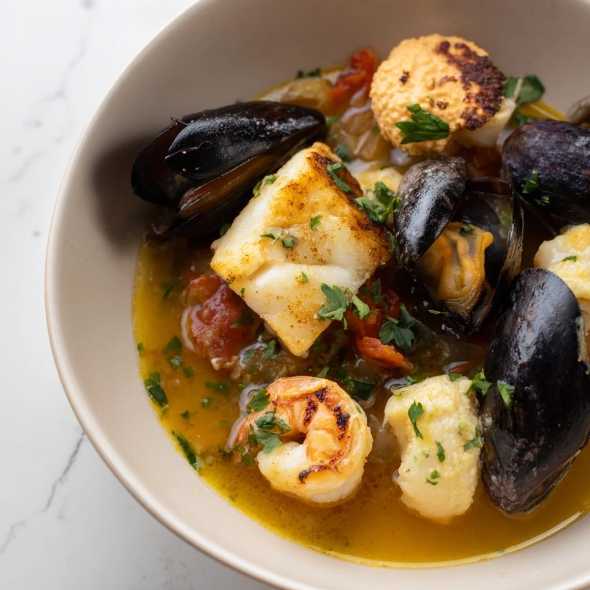 Aromatic bouillabaisse, overflowing with seafood and vegetables, ready to be served with rouille.