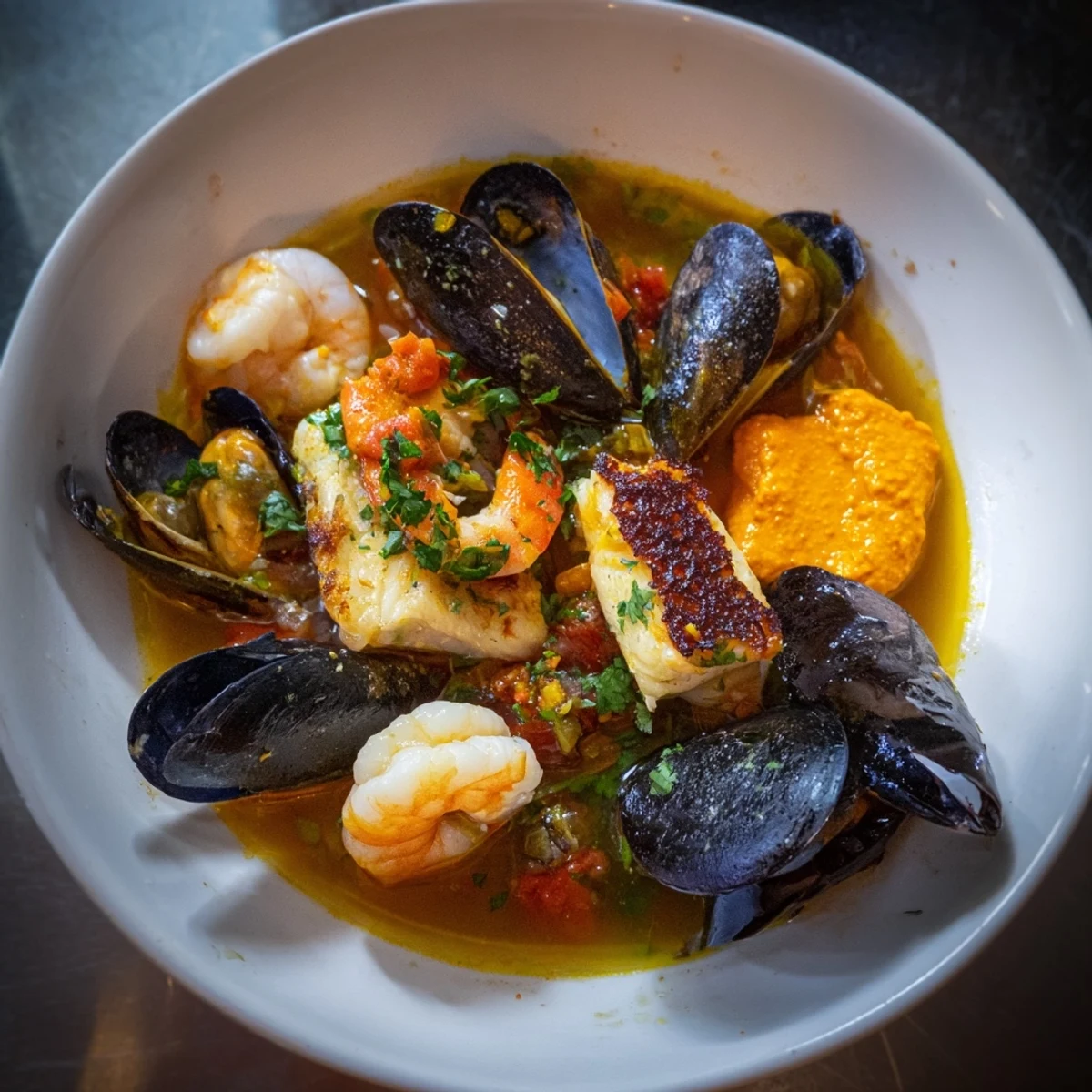 Steaming bowl of bouillabaisse, highlighting diverse seafood alongside vibrant vegetables.