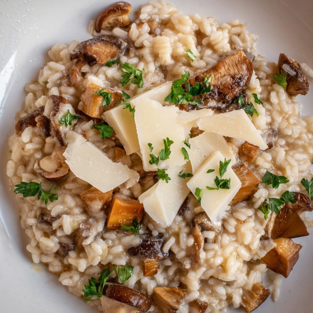 Cremiger italienischer Mushroom Risotto, dampfend heiß, mit geriebenem Parmesan und Kräutern garniert.