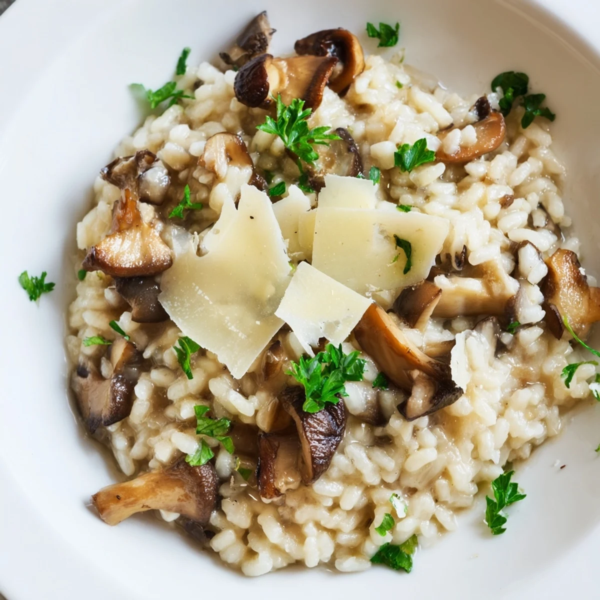 Nahaufnahme von perfektem italienischem Mushroom Risotto; ein luxuriöses, cremiges Gericht für einen besonderen Anlass.