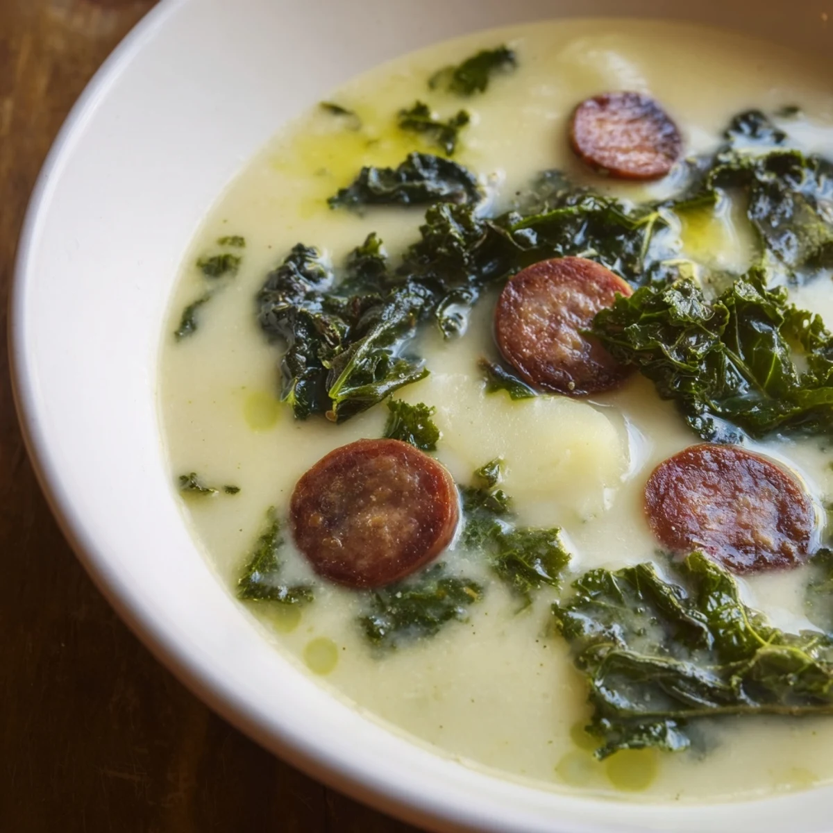 A steaming bowl of Portuguese Caldo Verde soup, showcasing creamy texture and vibrant green kale.
