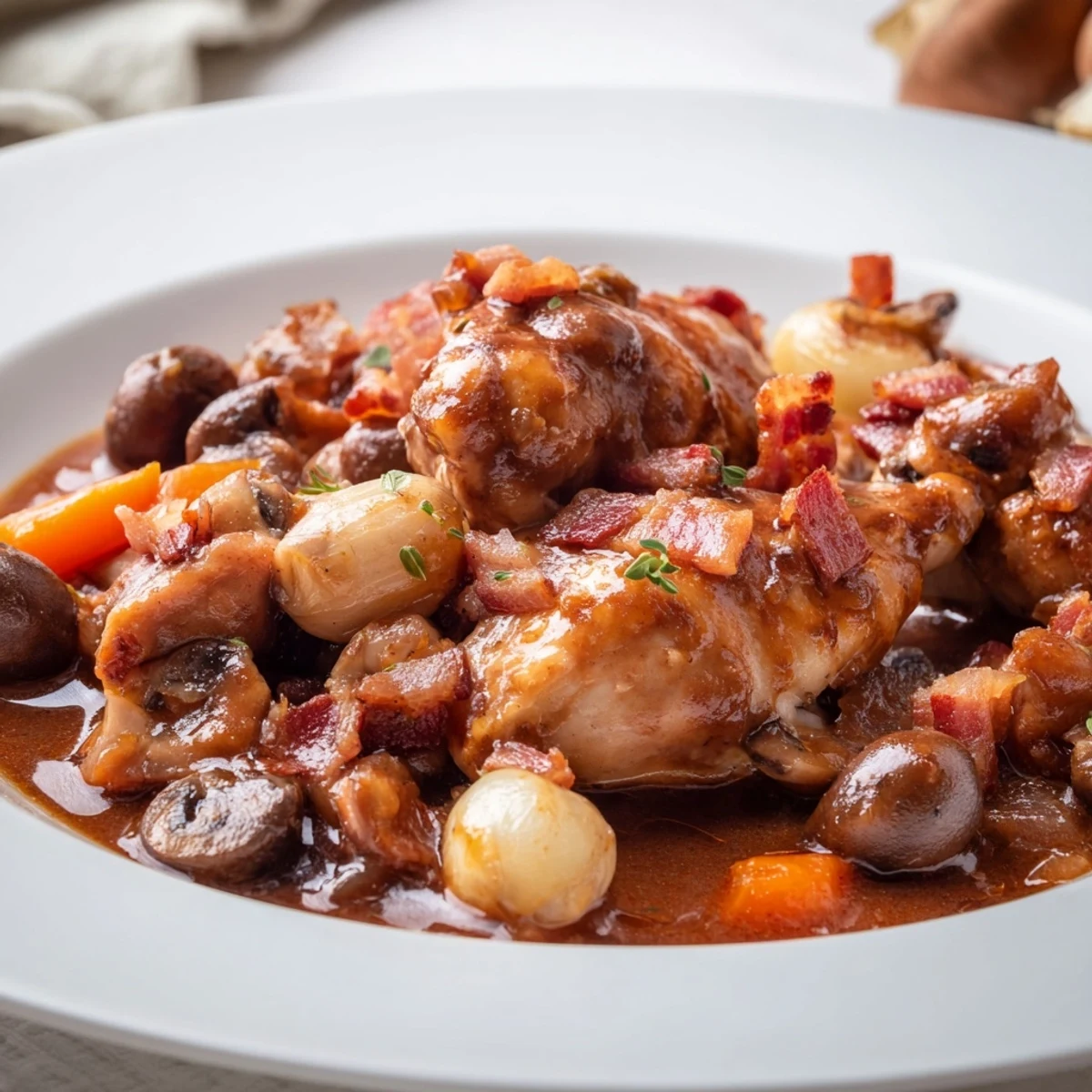 Tender Coq au Vin, a rich French stew, with a focus on savory chicken and wine.