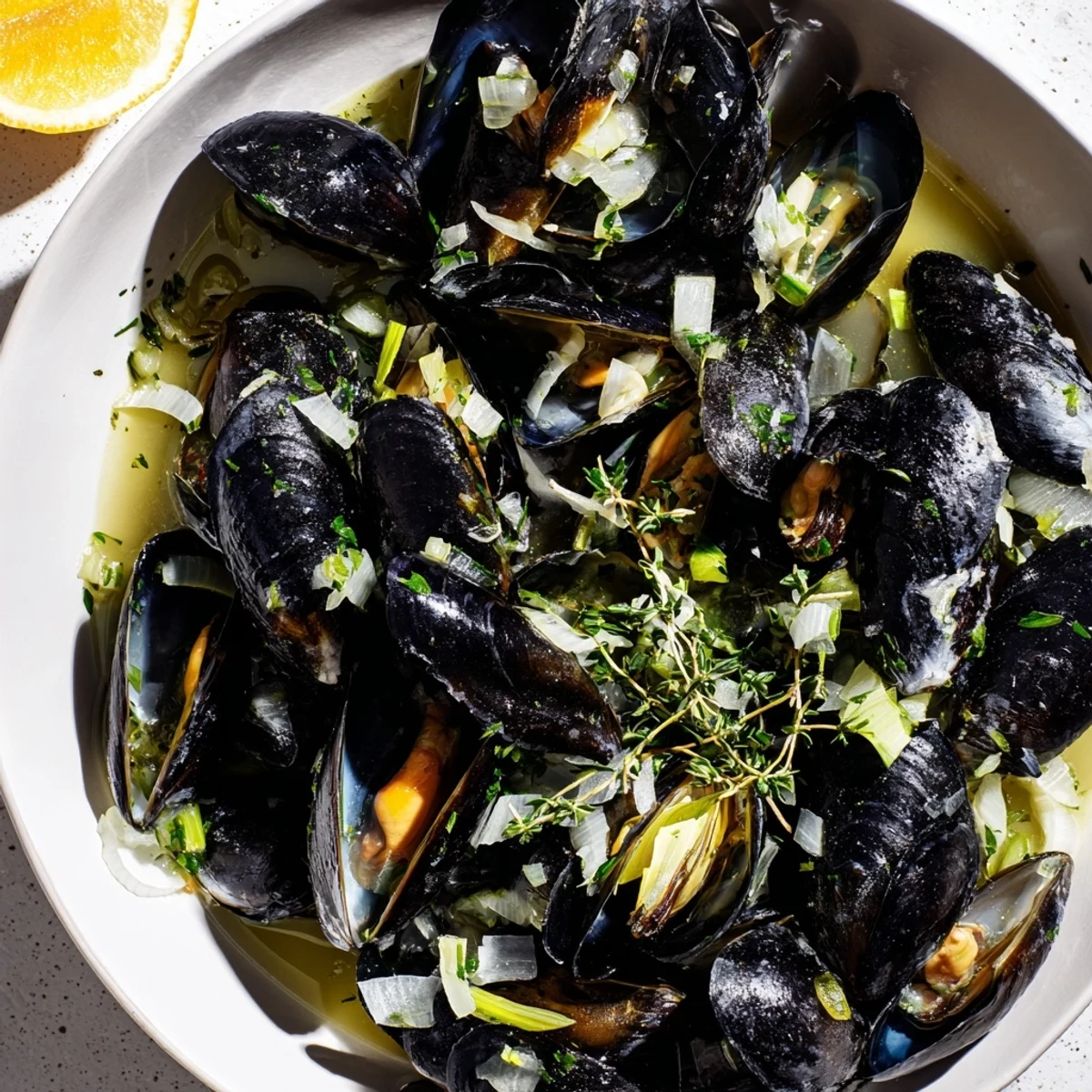 Steaming Belgian Moules Marinière in a pot, served with crusty bread and lemon wedges.