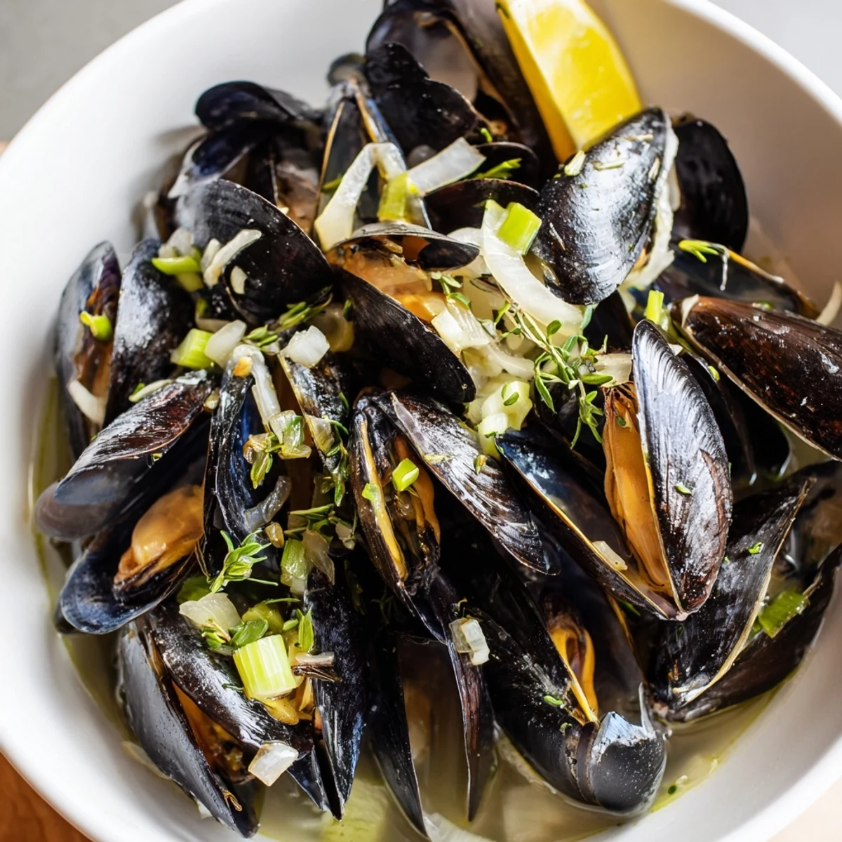 A bowl overflowing with savory Belgian Moules Marinière, ready to be enjoyed with flavorful broth.