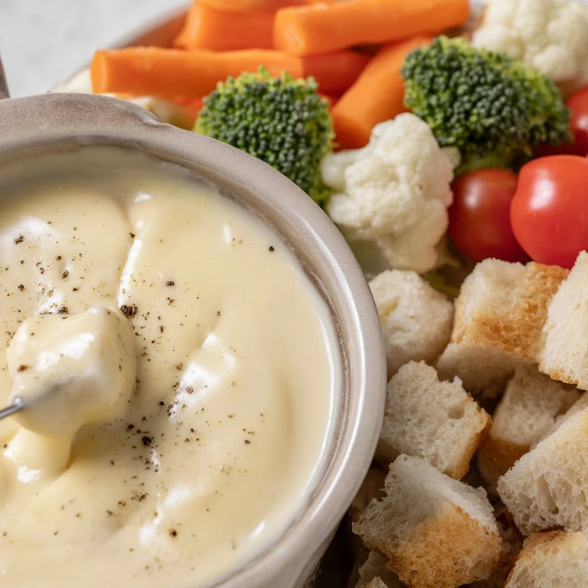 A bubbling pot of Swiss cheese fondue, perfect for dipping crusty bread and veggies.