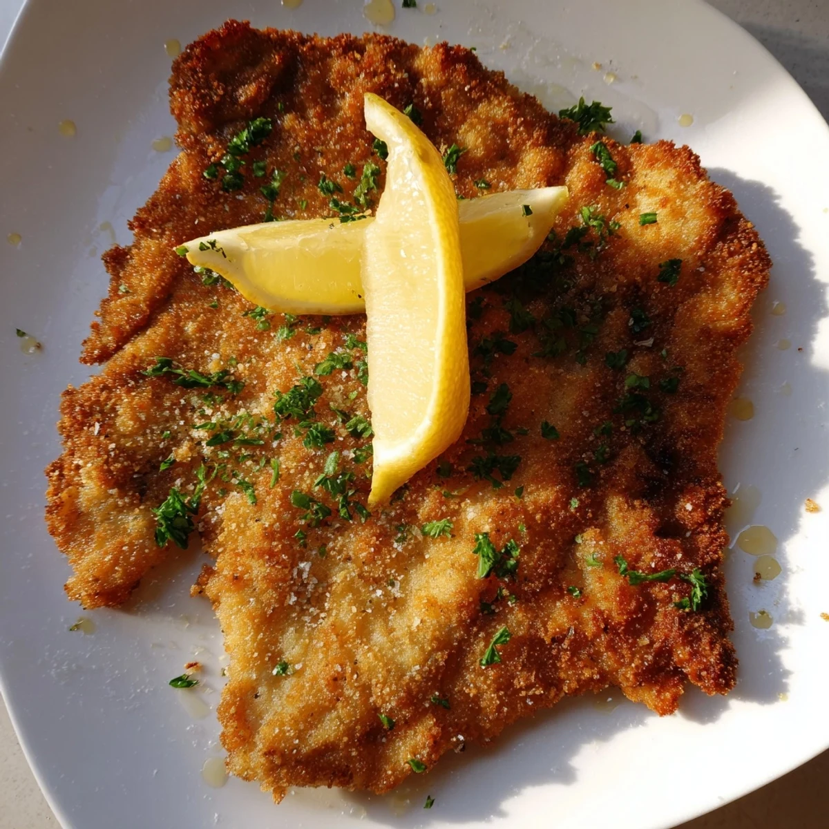 Golden-brown Austrian Wiener Schnitzel, perfectly fried, ready to be served with lemon wedges.