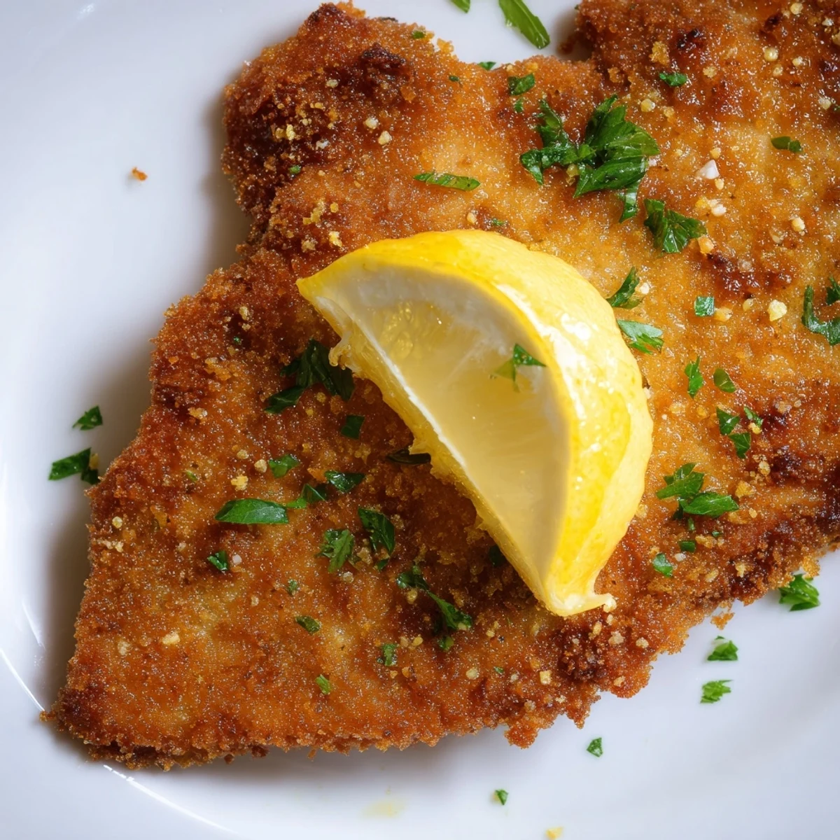 A closeup of crispy Wiener Schnitzel with a juicy interior, a classic Austrian meal.