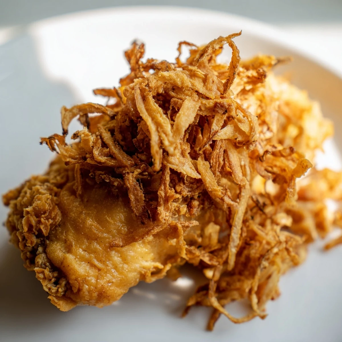 Close-up of a Crispy Onion Chicken Sandwich, highlighting juicy buttermilk chicken and creamy aioli on a soft bun.