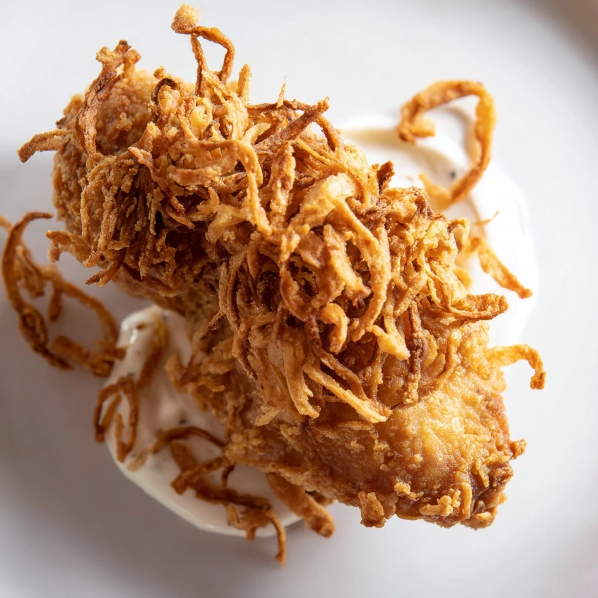 A perfectly assembled Crispy Onion Chicken Sandwich served with golden crispy onions spilling out of a buttery brioche bun.