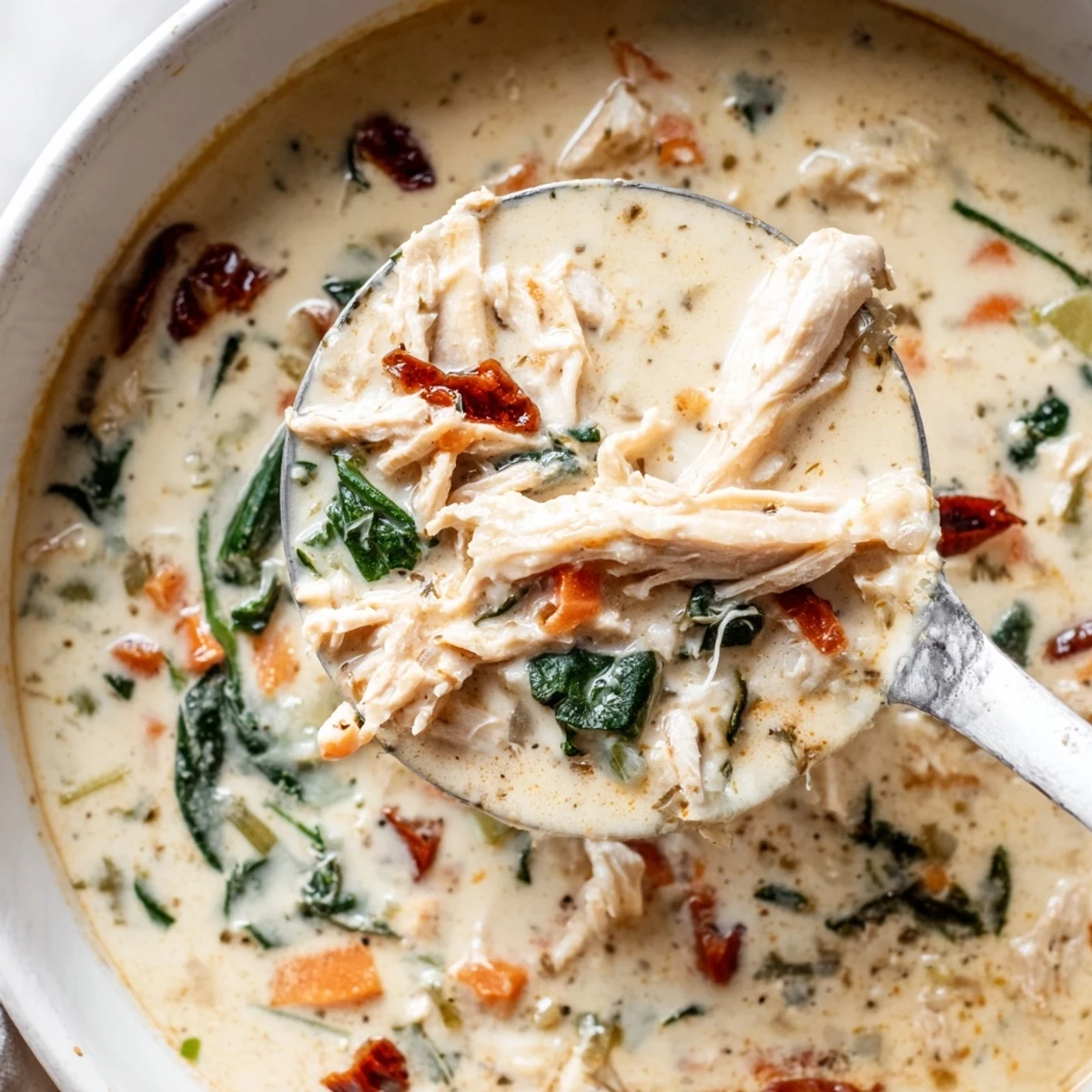 Cremige Tuscan Chicken Soup, mit zartem Hähnchen, Spinat und Sonnengetrockneten Tomaten in einer würzigen Sahnebrühe.