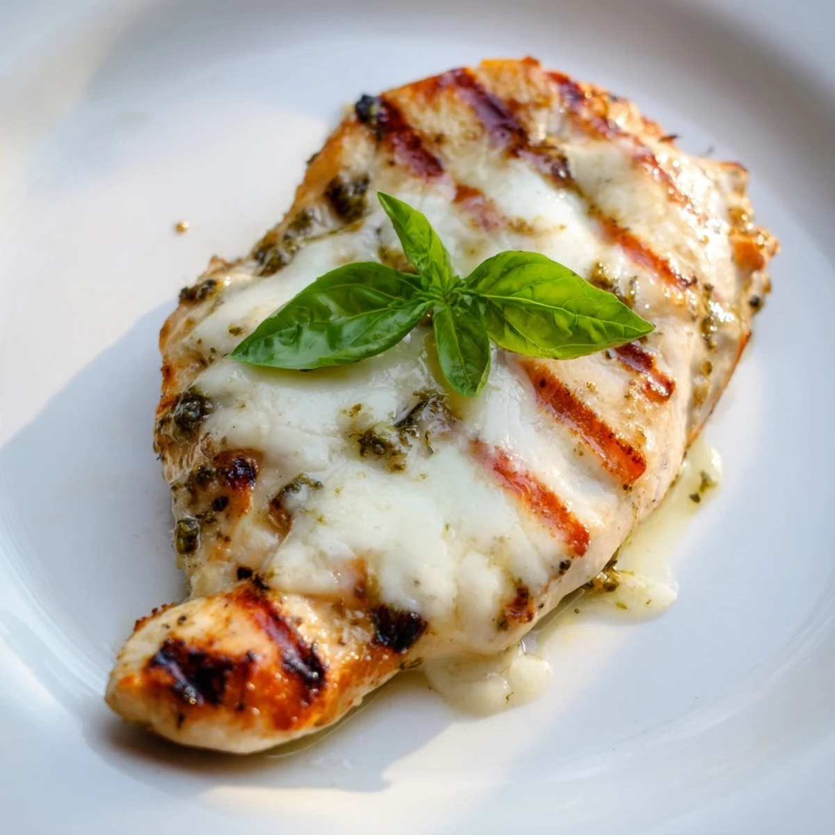 Grilled Pesto Chicken Melt with melted mozzarella on a toasted ciabatta roll, served with fresh basil and tomato.