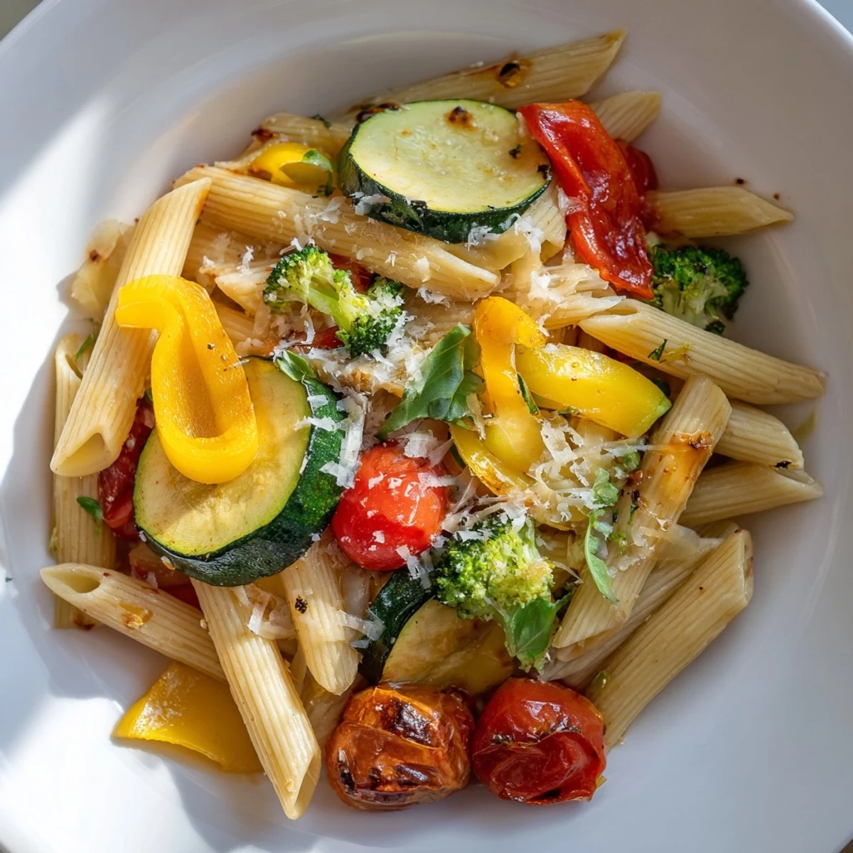 Perfekt für eine schnelle Woche, dieses wunderbare Pasta Primavera zeigt al dente Nudeln mit knackigem Gemüse und frischem Basilikum.