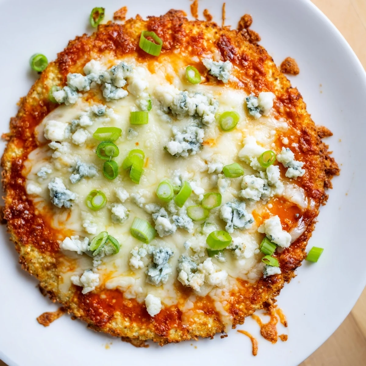 Ein knuspriges Buffalo Cauliflower Pizza mit geschmolzenem Käse und frischen grünen Zwiebeln auf dem Teller.