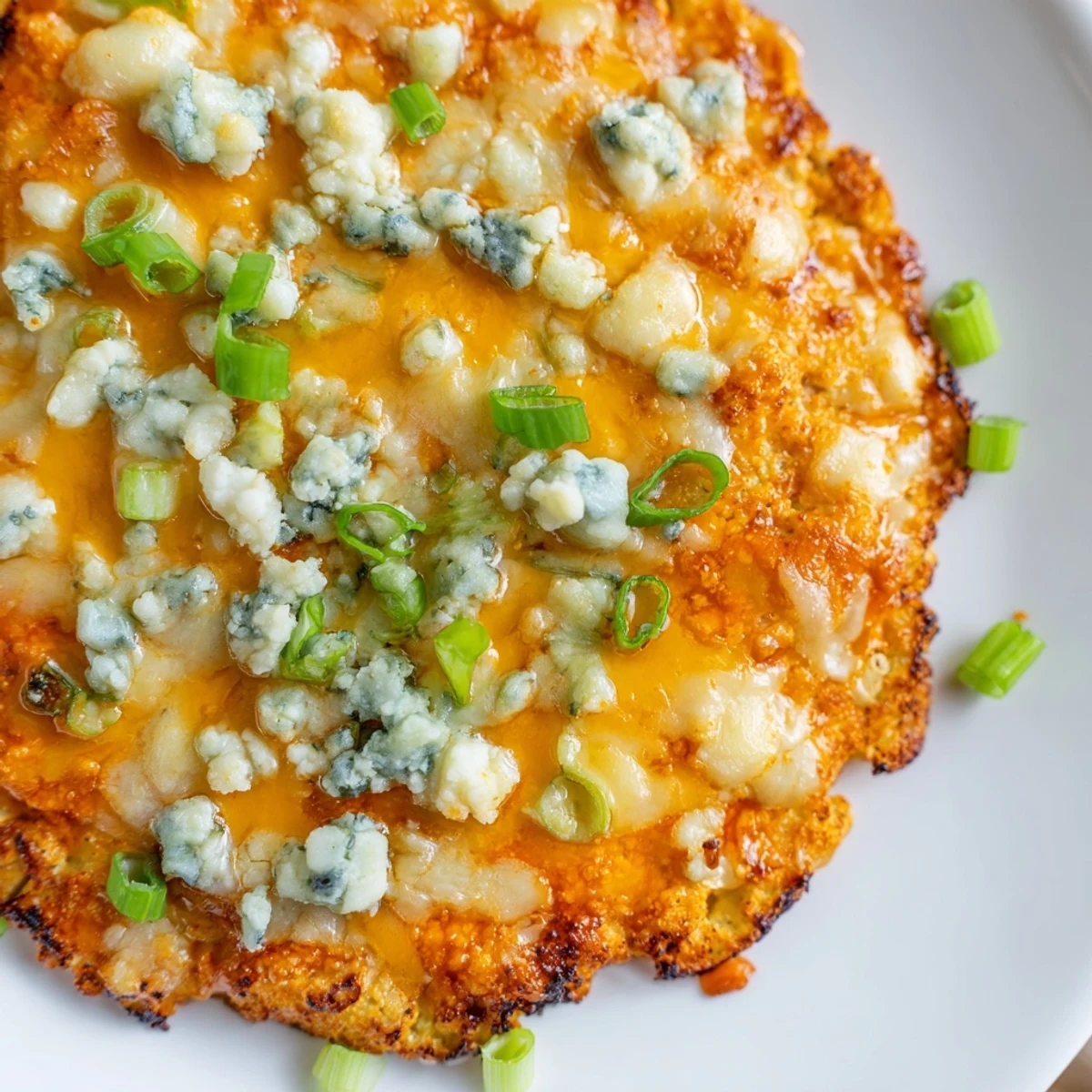 Eine frisch gebackene Buffalo Cauliflower Pizza mit knackigem Sellerie und Petersilie als Topping.