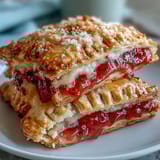 Freshly baked Guava Cheese Pop Tarts on a white plate, showing creamy cheese filling peeking through the sweet guava center.