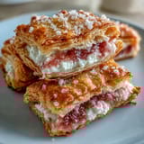 Freshly baked Guava and Cream Cheese Pastelitos, golden and puffed, served warm on a rustic wooden board.