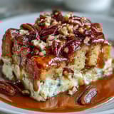 Golden-brown Guava Caramel Bread Pudding With Pecans topped with chopped pecans, ready to serve.