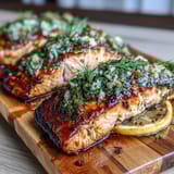 2. Saftiger Lachsfilet auf eingeweichtem Zedernbrett, mit Zitronenscheiben belegt und frischer Dillsauce serviert.