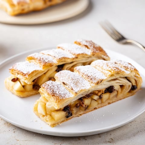 Gebackenes Apfelstrudel mit goldbraunem Blätterteig, gefüllt mit warmen Äpfeln und Gewürzen.