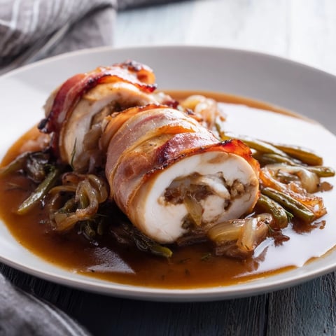Savory Quick Chicken Rouladen Rolls, browned to perfection, sit in a rich, simmering gravy.