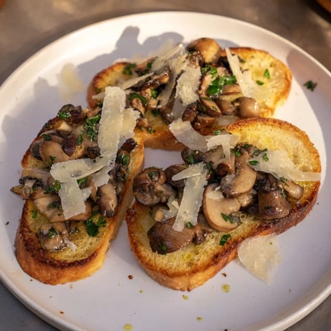 Crisp bruschetta with roasted mushrooms and garlic topping, ready to serve as a tasty appetizer.