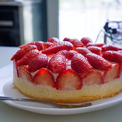Fresh, juicy strawberries crown this German strawberry torte, layered on custard and sponge cake.