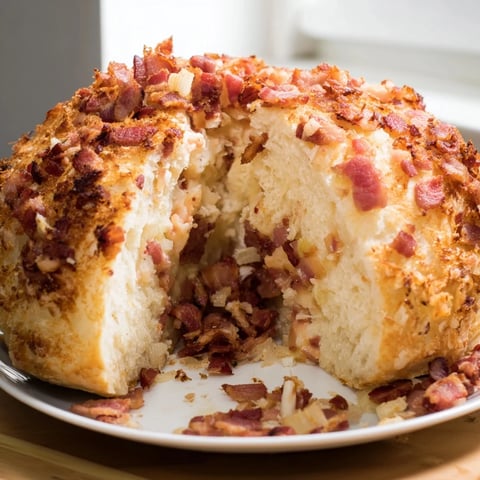 German Bread & Bacon Dumplings bobbing in broth, a warm and savory German side dish.