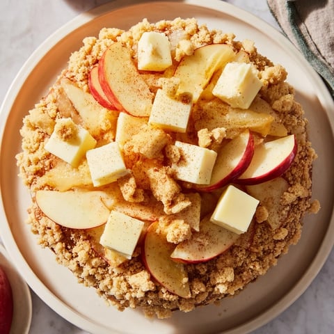 Golden brown German apple cake, layered with cinnamon apples and crunchy streusel topping.