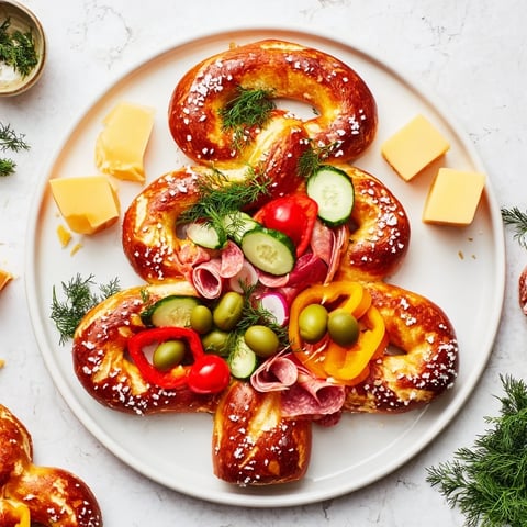 A visually striking Bretzel Arbre de Vie platter, showcasing a pretzel Christmas tree loaded with savory toppings.