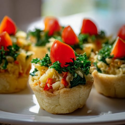 Mini Couronne Florale Quiches with a golden crust, filled with creamy cheese and fresh spring vegetables.