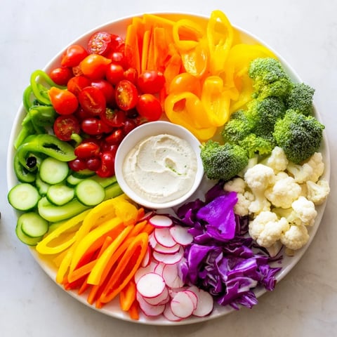 A colorful Vegetable Rainbow Board boasting a vibrant array of fresh, sliced vegetables for dipping.