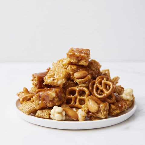 Golden, sweet-glazed Party Mix, a crunchy snack with pretzels and peanuts is perfect for gatherings.
