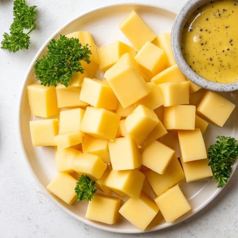 Käseplatte mit Gouda-Würfeln und Senf-Dip, drapiert mit frischem Parsley.