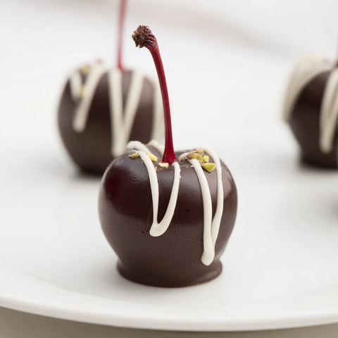 Decadent Chocolate-Covered Cherry Dessert Bites arranged in a pyramid, ready to be enjoyed as bite-sized treats.