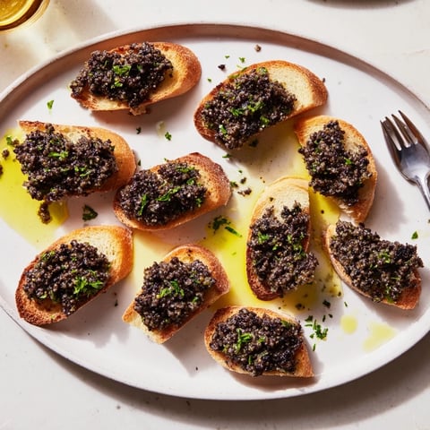 Salty black olive tapenade served on toasted crostini, perfect for a New Year's Eve appetizer.