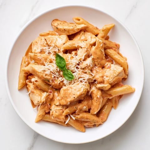 Creamy Tomato Basil Chicken Pasta: A savory plate of creamy pasta with basil and chicken slices.