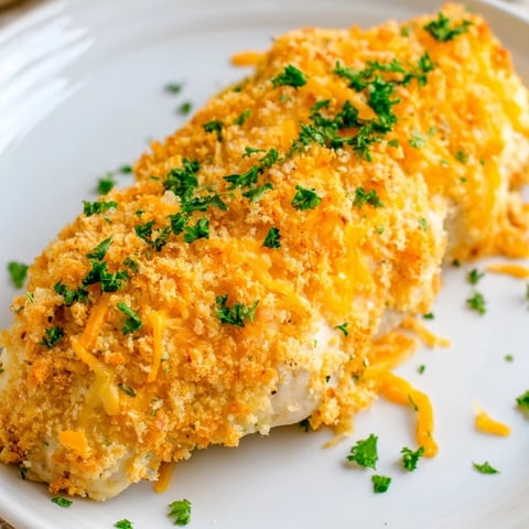 Golden, bubbly cheesy baked chicken breast, a simple American family dinner, ready to serve.