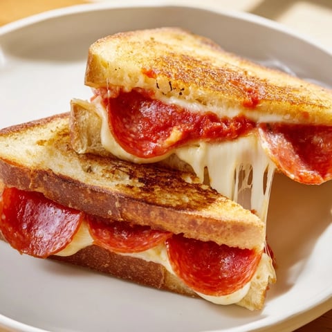 Ein herzhaftes Pizza Grilled Cheese Sandwich mit geschmolzenem Käse, Peperoni und knusprigem Brot.