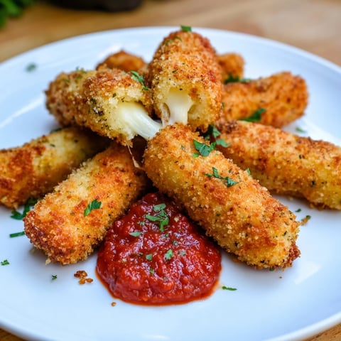 Golden-brown air fryer mozzarella sticks, perfect for dipping in warm marinara sauce.
